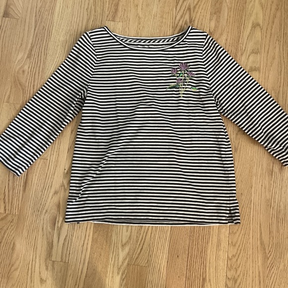Talbots Black & White Striped Tshirt Beaded Embroidered Flowers Women's Large - Picture 1 of 4